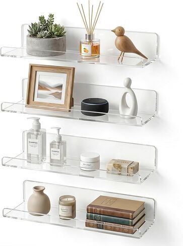 Acrylic Floating Shelves, Adhesive Wall Mount Command Shelves for Bathroom, Kitchen, Dorm - Renter-Friendly Easy Install Wall Shelves for Home Decor and Organization (Glossy White-4 Pack) in Saudi Arabia