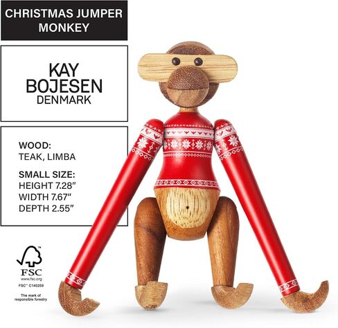 Kay Bojesen Monkey Small Monkey Christmas Sweater 2024 Wooden Figurine, Teak/Limba, 7.3" H, Gift Box Included in Saudi Arabia