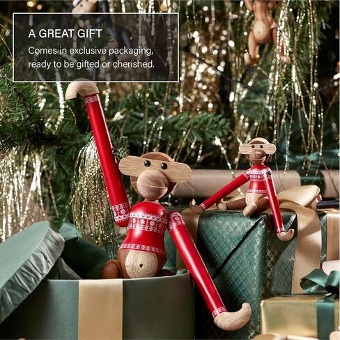 Kay Bojesen Monkey Small Monkey Christmas Sweater 2024 Wooden Figurine, Teak/Limba, 7.3" H, Gift Box Included in Saudi Arabia