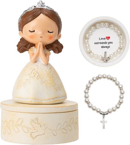First Communion Gift Set for Girls - Resin Prayer Girl Figurine with Dove & Olive Branch Design, White Religious Keepsake Statue, Pearl Necklace Cross Pendant, Gift Box Set with Inspirational Message in Saudi Arabia
