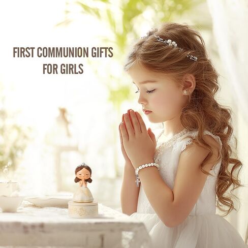 First Communion Gift Set for Girls - Resin Prayer Girl Figurine with Dove & Olive Branch Design, White Religious Keepsake Statue, Pearl Necklace Cross Pendant, Gift Box Set with Inspirational Message in Saudi Arabia