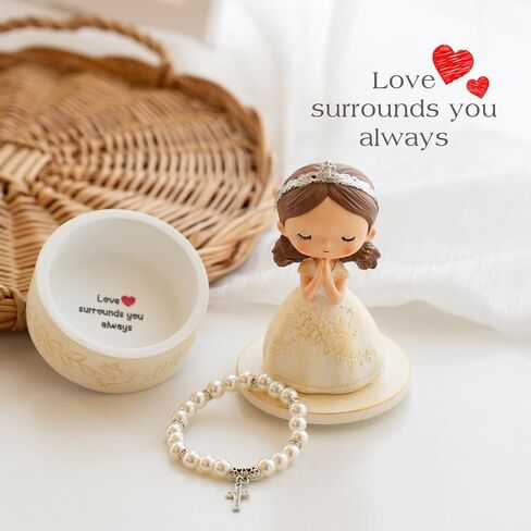 First Communion Gift Set for Girls - Resin Prayer Girl Figurine with Dove & Olive Branch Design, White Religious Keepsake Statue, Pearl Necklace Cross Pendant, Gift Box Set with Inspirational Message in Saudi Arabia