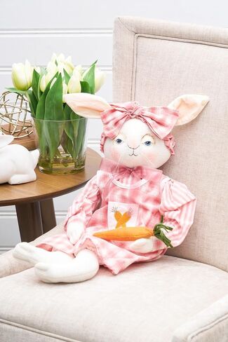 GALLERIE II Ally Bunny Easter Plaid Dress Gathered Traditions Joe Spencer Soft Figurine w/Carrot Spring Springtime Home Living Room Sofa Couch Fireplace Mantle End Table Decor Decoration Large Pink in Saudi Arabia