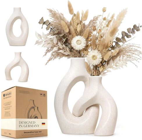 White Ceramic Vase Set of 2, Hollow Oval Flower Vases for Decor, Handmade Nordic Minimalist Ceramic Vase for Pampas Grass, Living Room, Farmhouse & Boho Home Decor, Housewarming Gifts in Saudi Arabia