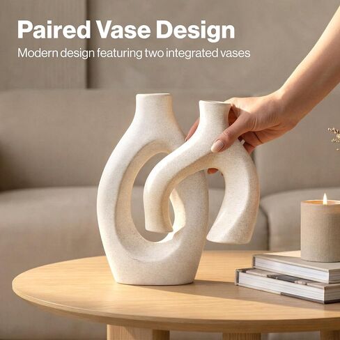 White Ceramic Vase Set of 2, Hollow Oval Flower Vases for Decor, Handmade Nordic Minimalist Ceramic Vase for Pampas Grass, Living Room, Farmhouse & Boho Home Decor, Housewarming Gifts in Saudi Arabia