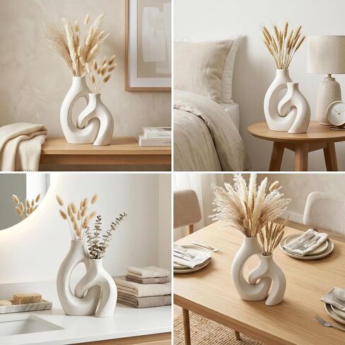 White Ceramic Vase Set of 2, Hollow Oval Flower Vases for Decor, Handmade Nordic Minimalist Ceramic Vase for Pampas Grass, Living Room, Farmhouse & Boho Home Decor, Housewarming Gifts in Saudi Arabia