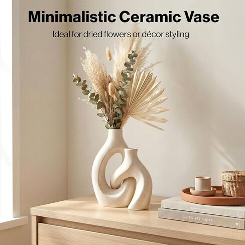 White Ceramic Vase Set of 2, Hollow Oval Flower Vases for Decor, Handmade Nordic Minimalist Ceramic Vase for Pampas Grass, Living Room, Farmhouse & Boho Home Decor, Housewarming Gifts in Saudi Arabia