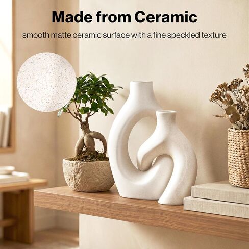 White Ceramic Vase Set of 2, Hollow Oval Flower Vases for Decor, Handmade Nordic Minimalist Ceramic Vase for Pampas Grass, Living Room, Farmhouse & Boho Home Decor, Housewarming Gifts in Saudi Arabia