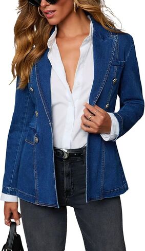 ebossy Women's Fashion Slim Denim Blazer Notched Lapel Long Sleeve 1-Button Casual Work Jean Jacket Outwear in Kuwait