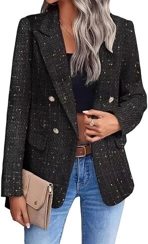 ebossy Womens Notch Lapel Plaid Tweed Blazer Double Breasted Polka Dots Casual Office Jacket Coat in Kuwait