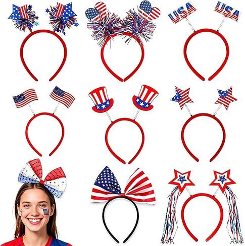 9PCS 4th of July Headbands, Patriotic Boppers Party Accessories Red White Blue Headpiece Bulk Memorial Day Headband USA Flag Headwear for Independence Day Party Favors in Kuwait