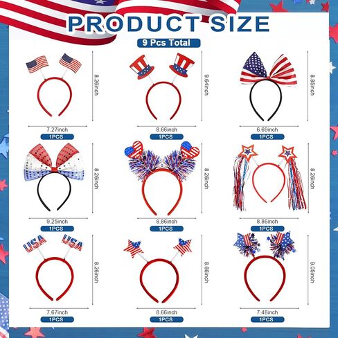 9PCS 4th of July Headbands, Patriotic Boppers Party Accessories Red White Blue Headpiece Bulk Memorial Day Headband USA Flag Headwear for Independence Day Party Favors in Kuwait