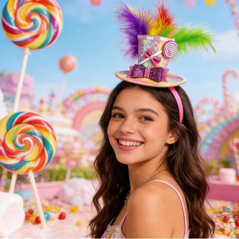Mini Top Hat Lollipop Headband with Bows Sequins Candy Headbands for Women Cosplay Party Halloween Costume in Kuwait