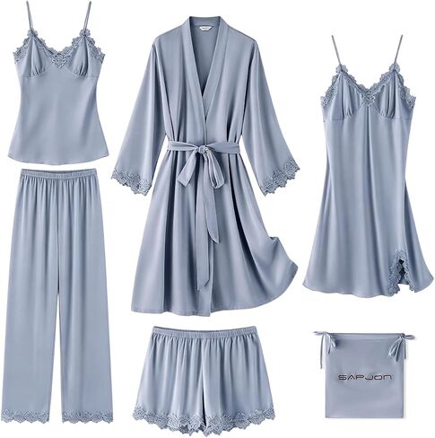 SAPJON Womens Lace Pajama Sets 6PCS Silk Satin Pajama Set for Women Pjs Sleepwear Robe Cami Shorts Loungewear in Saudi Arabia