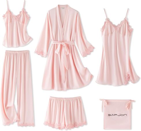 SAPJON Womens Lace Pajama Sets 6PCS Silk Satin Pajama Set for Women Pjs Sleepwear Robe Cami Shorts Loungewear in Saudi Arabia