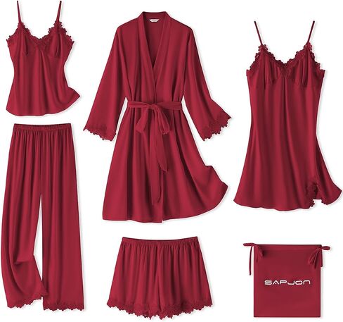 SAPJON Womens Lace Pajama Sets 6PCS Silk Satin Pajama Set for Women Pjs Sleepwear Robe Cami Shorts Loungewear in Saudi Arabia