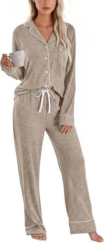 PJGGZ Womens Pajama Sets Long Sleeve, Soft Cozy Button Down Top & Drawstring Pants with Pockets 2 Piece Lounge Pjs S-XXL in Kuwait