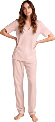 P-Jamas | Pajamas for Women Set Sporty Butterknit Soft Pima 100% Cotton Lounge Set | 2 Piece Women's Pajama Set Short Sleeve in Saudi Arabia