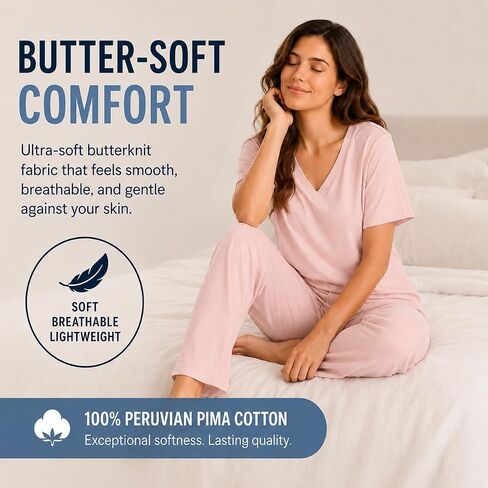 P-Jamas | Pajamas for Women Set Sporty Butterknit Soft Pima 100% Cotton Lounge Set | 2 Piece Women's Pajama Set Short Sleeve in Saudi Arabia