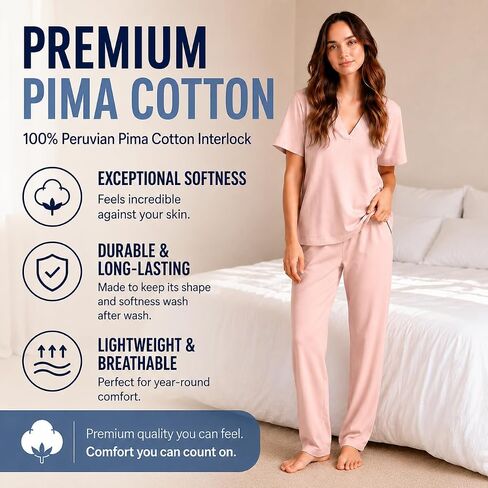P-Jamas | Pajamas for Women Set Sporty Butterknit Soft Pima 100% Cotton Lounge Set | 2 Piece Women's Pajama Set Short Sleeve in Saudi Arabia