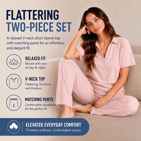 P-Jamas | Pajamas for Women Set Sporty Butterknit Soft Pima 100% Cotton Lounge Set | 2 Piece Women's Pajama Set Short Sleeve in Saudi Arabia