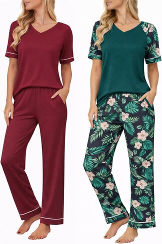 Ekouaer Womens Pajama Set Short Sleeve Pajamas Top and Pants V Neck Pjs Set Soft Loungewear with Pockets in Kuwait