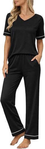Ekouaer Womens Pajama Set Short Sleeve Pajamas Top and Pants V Neck Pjs Set Soft Loungewear with Pockets in Kuwait