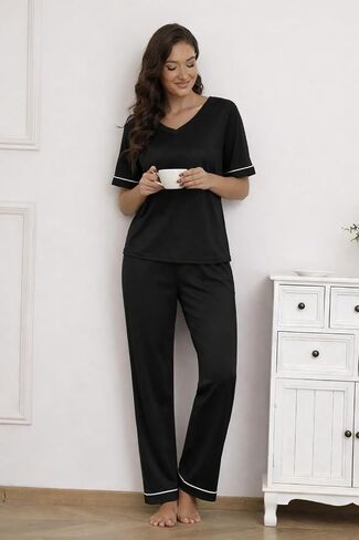 Ekouaer Womens Pajama Set Short Sleeve Pajamas Top and Pants V Neck Pjs Set Soft Loungewear with Pockets in Kuwait