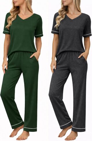 Ekouaer Womens Pajama Set Short Sleeve Pajamas Top and Pants V Neck Pjs Set Soft Loungewear with Pockets in Kuwait