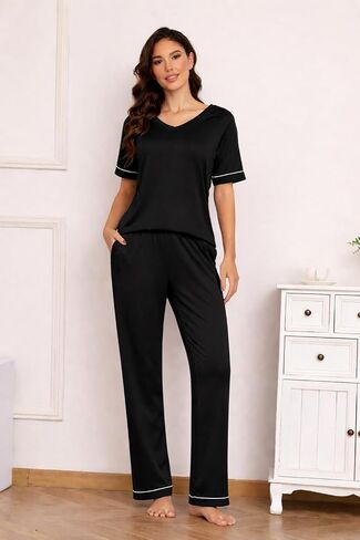 Ekouaer Womens Pajama Set Short Sleeve Pajamas Top and Pants V Neck Pjs Set Soft Loungewear with Pockets in Kuwait