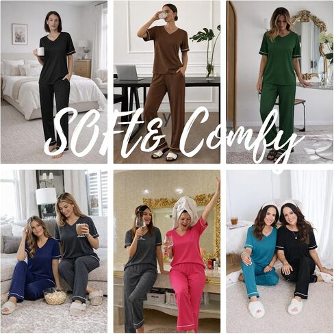 Ekouaer Womens Pajama Set Short Sleeve Pajamas Top and Pants V Neck Pjs Set Soft Loungewear with Pockets in Kuwait