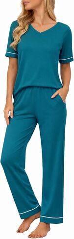 Ekouaer Womens Pajama Set Short Sleeve Pajamas Top and Pants V Neck Pjs Set Soft Loungewear with Pockets in Kuwait