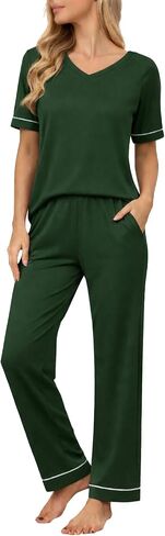 Ekouaer Womens Pajama Set Short Sleeve Pajamas Top and Pants V Neck Pjs Set Soft Loungewear with Pockets in Kuwait