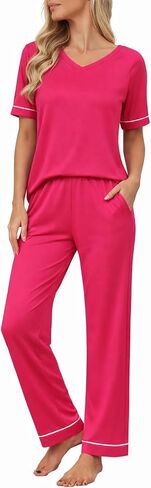 Ekouaer Womens Pajama Set Short Sleeve Pajamas Top and Pants V Neck Pjs Set Soft Loungewear with Pockets in Kuwait
