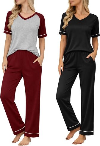 Ekouaer Womens Pajama Set Short Sleeve Pajamas Top and Pants V Neck Pjs Set Soft Loungewear with Pockets in Kuwait