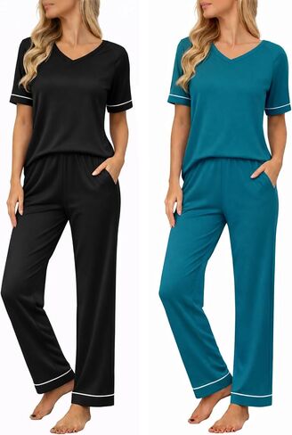 Ekouaer Womens Pajama Set Short Sleeve Pajamas Top and Pants V Neck Pjs Set Soft Loungewear with Pockets in Kuwait