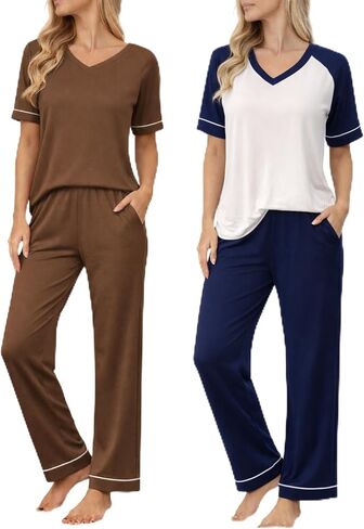 Ekouaer Womens Pajama Set Short Sleeve Pajamas Top and Pants V Neck Pjs Set Soft Loungewear with Pockets in Kuwait
