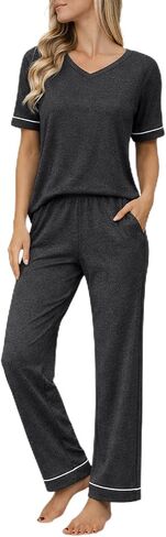 Ekouaer Womens Pajama Set Short Sleeve Pajamas Top and Pants V Neck Pjs Set Soft Loungewear with Pockets in Kuwait