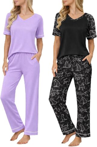 Ekouaer Womens Pajama Set Short Sleeve Pajamas Top and Pants V Neck Pjs Set Soft Loungewear with Pockets in Kuwait
