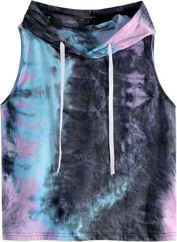 Remidoo Women Sleeveless Hoodie Workout Tie Dye Tank Tops Gym Athletic Activewear in Kuwait