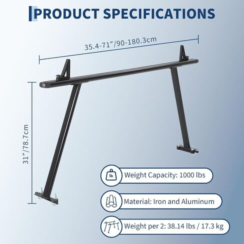 Universal Steel Truck Ladder Rack, 1000 Lbs Capacity Adjustable Pickup Bed Rack, 52"-82" Crossbar for Kayak, Lumber, Ladder, Rooftop Tent, Surfboard – No-Drill Heavy Duty Rack for Trucks in Saudi Arabia