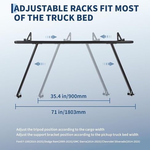 Universal Steel Truck Ladder Rack, 1000 Lbs Capacity Adjustable Pickup Bed Rack, 52"-82" Crossbar for Kayak, Lumber, Ladder, Rooftop Tent, Surfboard – No-Drill Heavy Duty Rack for Trucks in Saudi Arabia