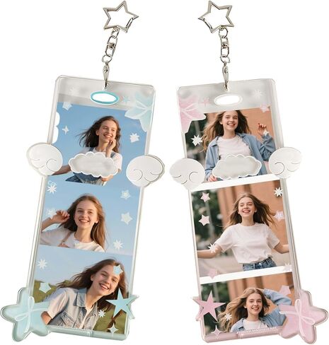 2 Pieces Angel Wings Photocard Holder Keychain | 4-Grid Picture Frame with Protective Sleeves | Clear Acrylic Photo Display for K-pop, and Travel Photos | Portable and Decorative in Kuwait