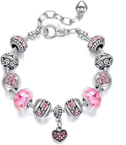 Pink Hearts Silver Plated Charm Bracelet Set, Jewelry Gifts with Beads, Charms, and Adjustable Snake Chain, Fits 7.5"+1.5" in Kuwait