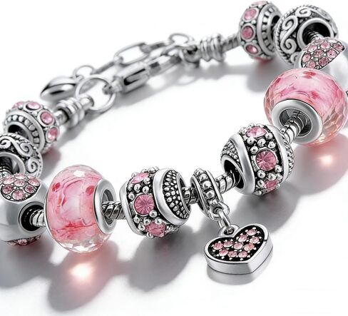 Pink Hearts Silver Plated Charm Bracelet Set, Jewelry Gifts with Beads, Charms, and Adjustable Snake Chain, Fits 7.5"+1.5" in Kuwait