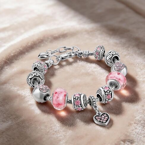 Pink Hearts Silver Plated Charm Bracelet Set, Jewelry Gifts with Beads, Charms, and Adjustable Snake Chain, Fits 7.5"+1.5" in Kuwait