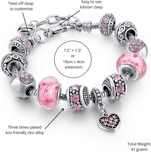 Pink Hearts Silver Plated Charm Bracelet Set, Jewelry Gifts with Beads, Charms, and Adjustable Snake Chain, Fits 7.5"+1.5" in Kuwait