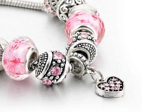 Pink Hearts Silver Plated Charm Bracelet Set, Jewelry Gifts with Beads, Charms, and Adjustable Snake Chain, Fits 7.5"+1.5" in Kuwait