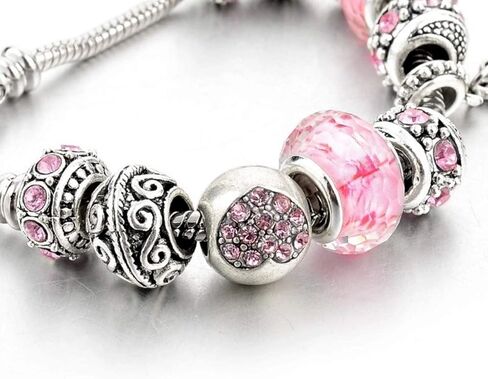 Pink Hearts Silver Plated Charm Bracelet Set, Jewelry Gifts with Beads, Charms, and Adjustable Snake Chain, Fits 7.5"+1.5" in Kuwait