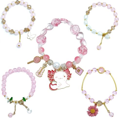5PCS Beaded Charm Bracelets for Girls Axolotl Dainty Kawaii Crystal Beads Bracelets Set for Teens Girls Adjustable Stretch Bracelet Birthday Graduation Gift For Daughter Niece Granddaughter in Saudi Arabia